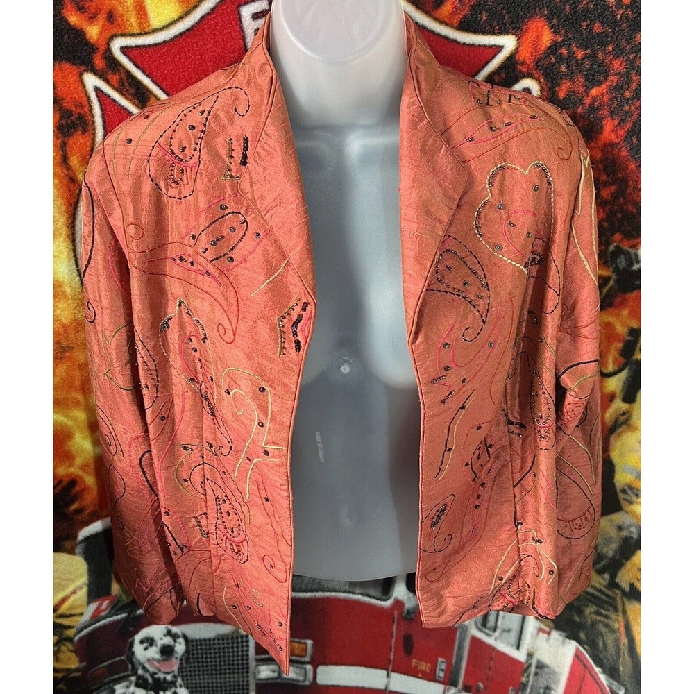 Yak Magik Women's Pink Orange Silk Long‎ Sleeve Floral with Sequins Size Medium